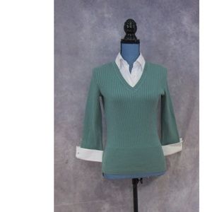 NEW Van Heusen Green V Neck Sweater w/ Collar Cuff